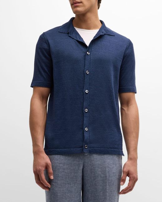 FIORONI CASHMERE Blue Linen-Cotton Knit Short-Sleeve Shirt for men