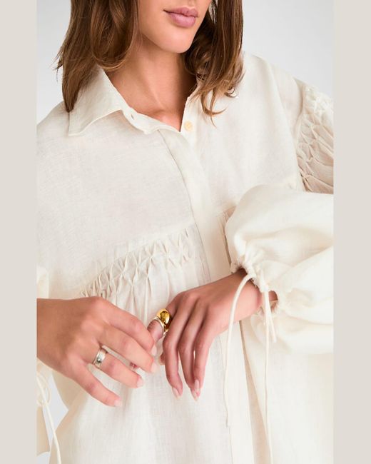 Merlette White Azurea Smocked Blouson-Sleeve Linen Top