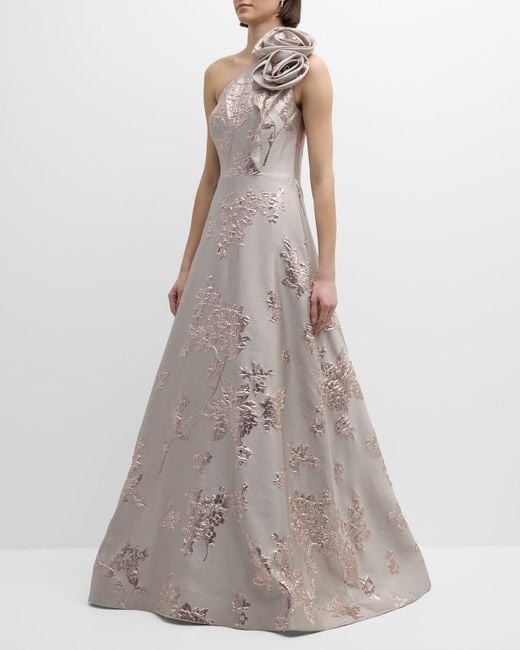 Teri Jon Pink One-Shoulder Metallic Floral Jacquard Gown