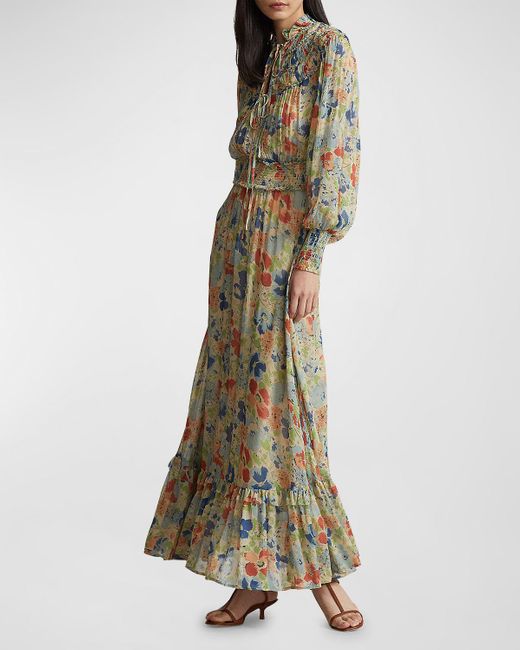 Polo Ralph Lauren Natural Smocked Floral-print Flounce Maxi Dress