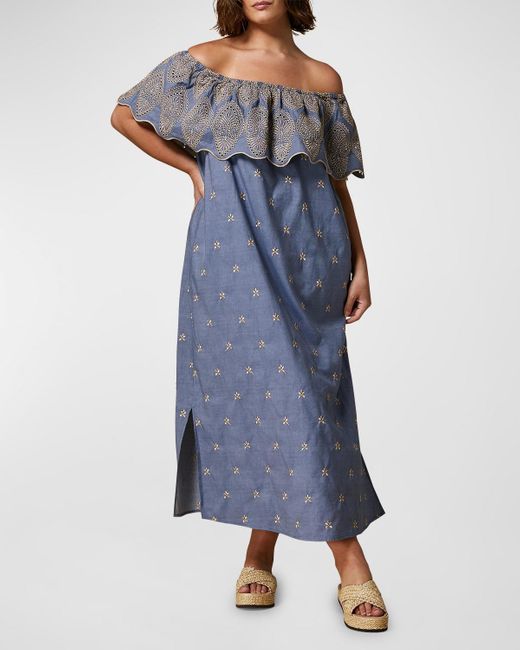 Marina Rinaldi Blue Plus Size Micro Off-Shoulder Embroidered Dress