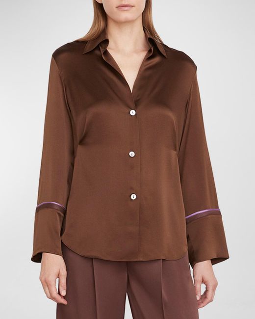 Vince Brown Tipping Shaped Long-Sleeve Satin Blouse