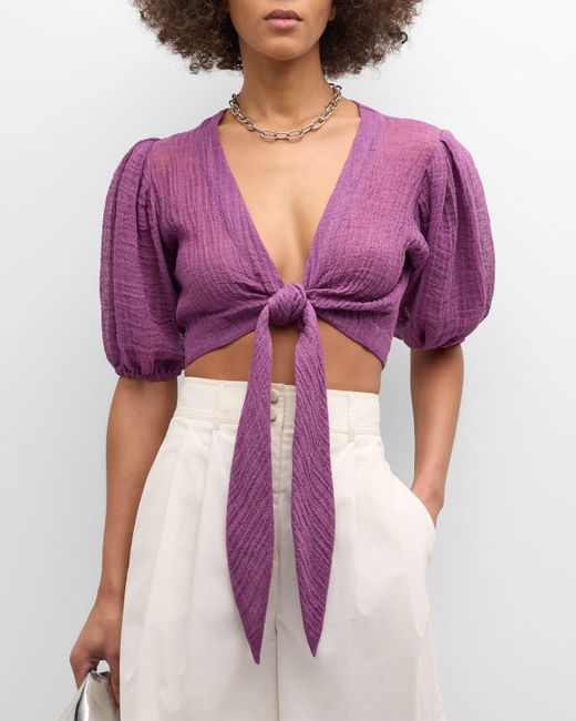 Lisa Marie Fernandez Purple Pouf Cropped Tie-Front Gauze Blouse