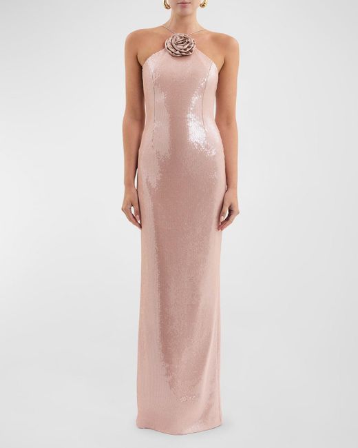 Rebecca Vallance Pink Paige Flower-Embellished Sequin Column Gown