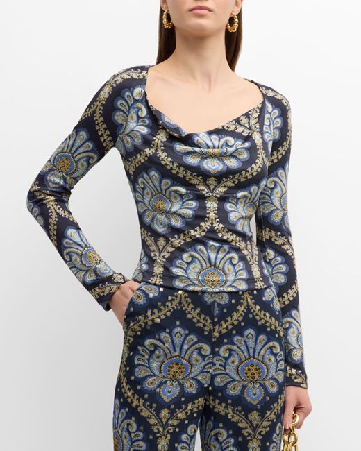 Etro Blue Printed Jersey Open-neck Knit Top