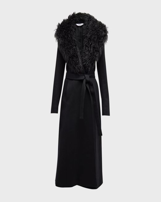 Fleurette Black Skylar Belted Wool Wrap Coat With Mohair Blend Trim