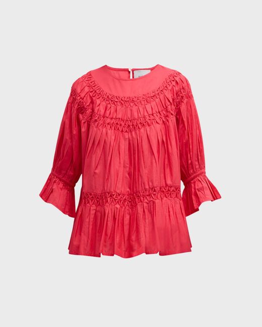Merlette Red Smocked Puff-Sleeve Pima Cotton Blouse