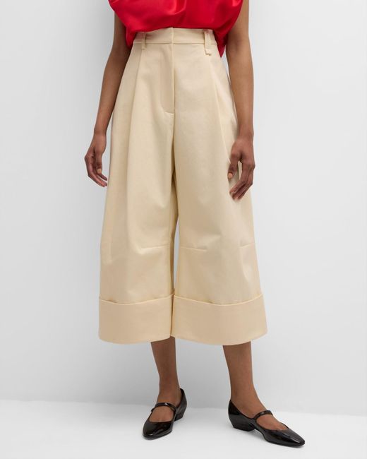 Simone Rocha Natural High-Rise Pleated Wide-Leg Cuffed Ankle Trousers