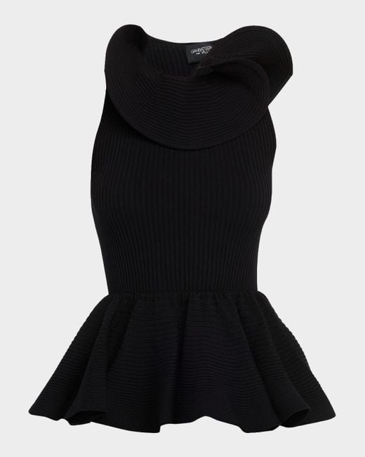 Giambattista Valli Black Sculptural Sleeveless Rib Knit Peplum Top