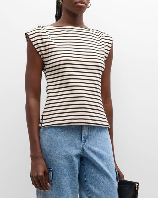 Tanya Taylor Blue Claire Organic Cotton Stripe Cap-Sleeve Top