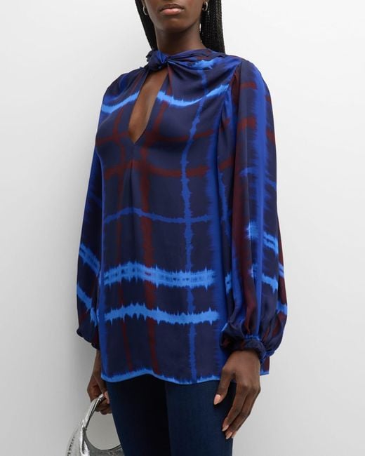 Johanna Ortiz Blue Crossed Cultures Check Long-sleeve Knot Top