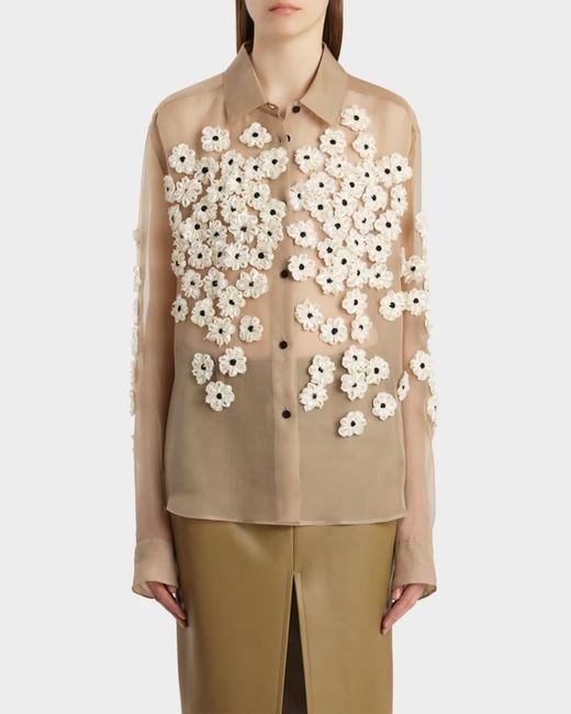 Khaite Natural Argo Floral Applique Silk Button-Down Top