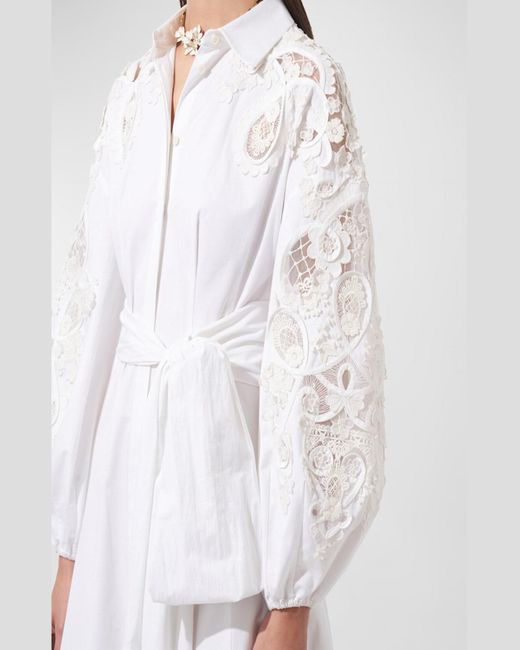 Carolina Herrera White Lace Embroidered Balloon-Sleeve Midi Shirtdress