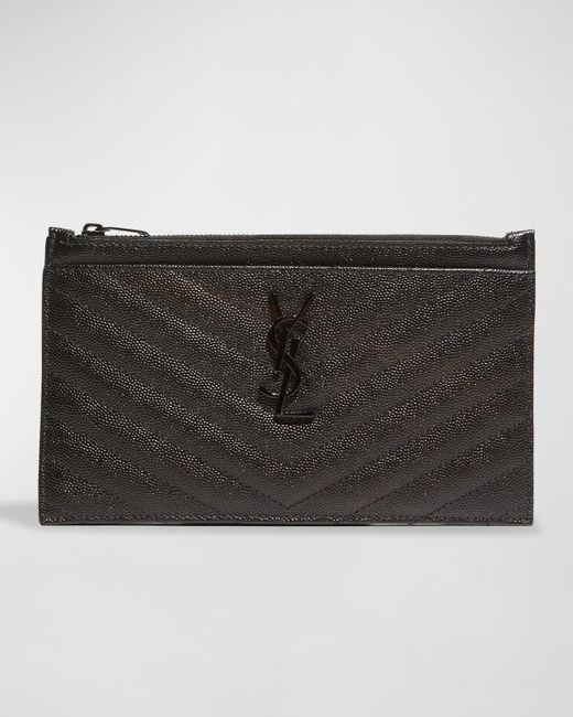 Saint Laurent Black Ysl Monogram Small Ziptop Bill Pouch In Grained Leather