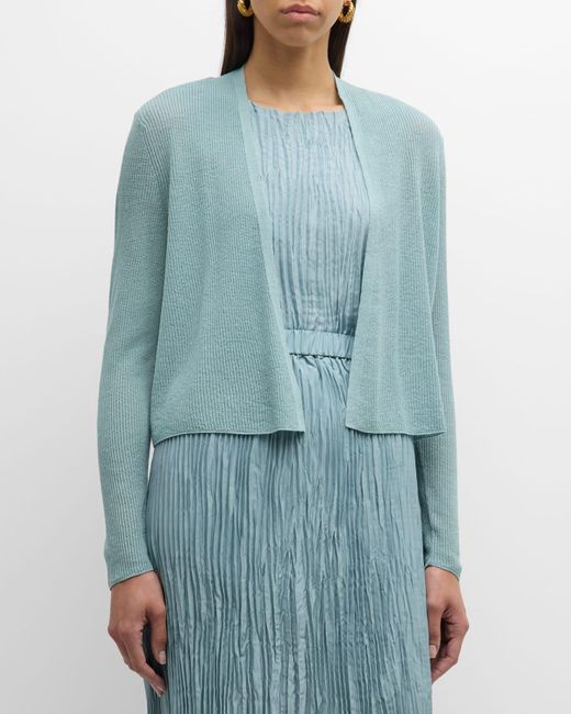Eileen Fisher Blue Ribbed Open-Front Organic Linen-Cotton Cardigan