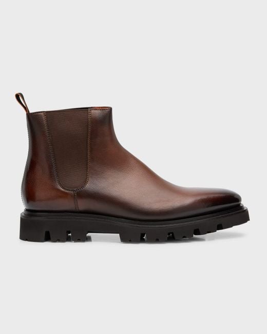 Santoni Brown Everard Grained Leather Chelsea Boots for men