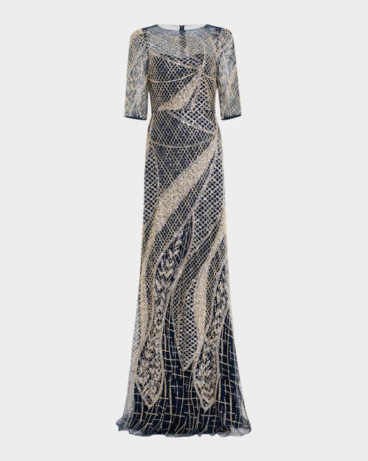Teri Jon Art Deco Bead & Sequin Tulle Gown in White | Lyst