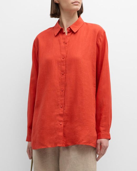 Eileen Fisher Red Button-Down Organic Linen Shirt