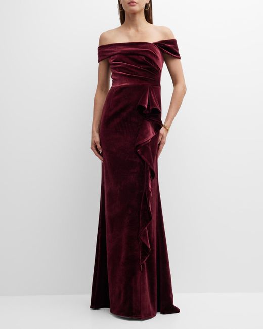 Teri Jon Purple Off-shoulder Ruffle Velvet Column Gown