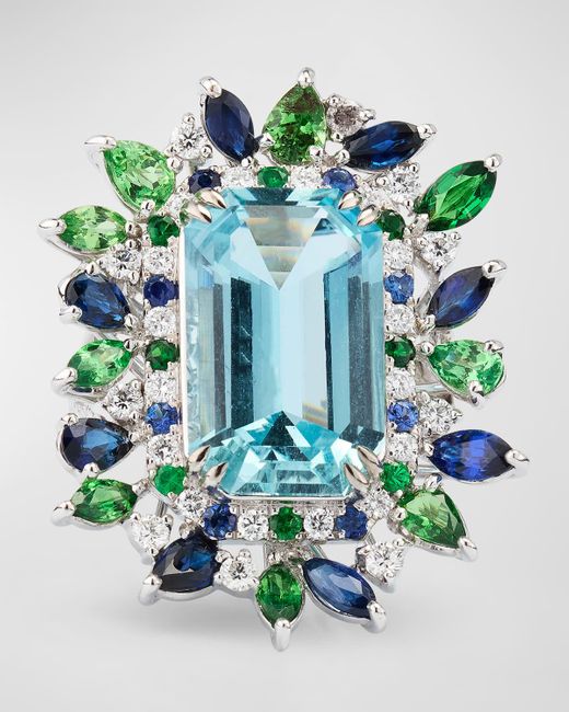 Alexander Laut Green 18K Aquamarine, Sapphire, Tsavorite And Diamond Ring, Size 6.5