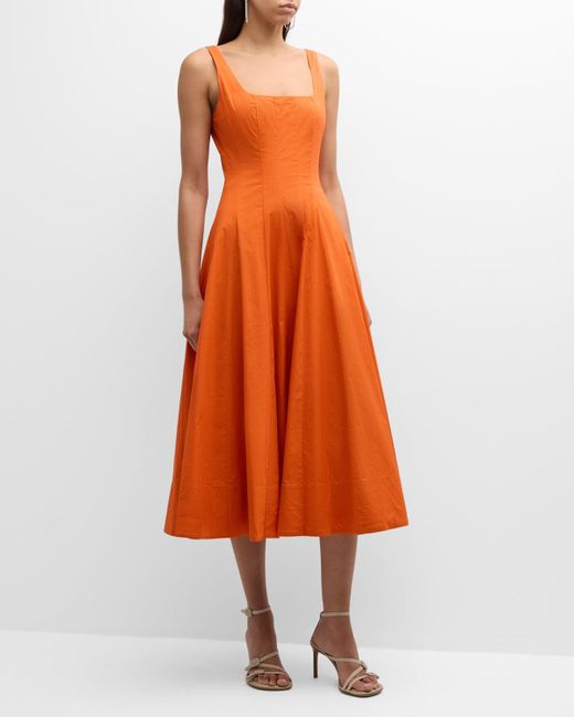 Staud Orange Wells Sleeveless Cotton Poplin Corset Midi Dress
