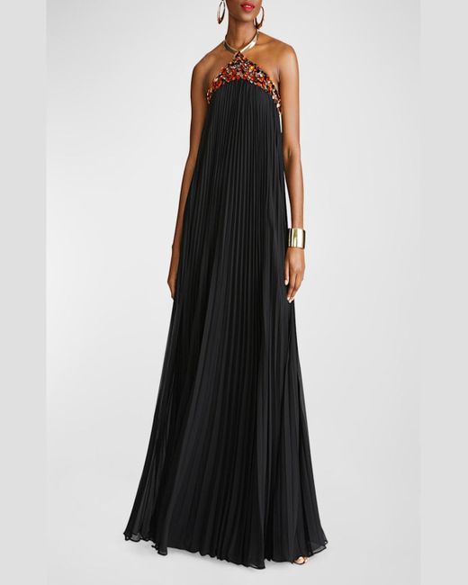 Halston Pythia Pleated Sequin Embellished Trapeze Gown in Black Lyst