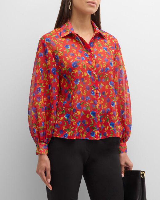 Carolina Herrera Red Floral-Print Button-Front Top With Balloon Sleeves