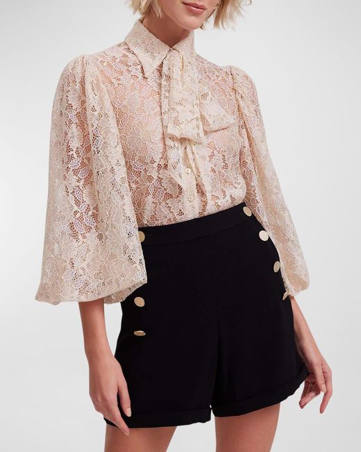 Anne Fontaine Pink Helene Blouson-Sleeve Floral Lace Shirt