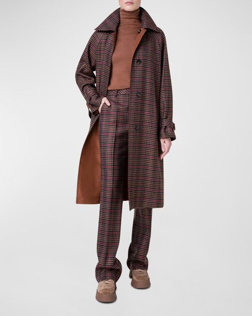 Akris Brown Reversible Wool Check Trench Coat With Silk Taffeta Lining