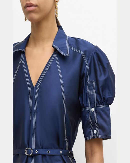 LOVEBIRDS Blue Street Smart Topstitch Puff-Sleeve Midi Dress