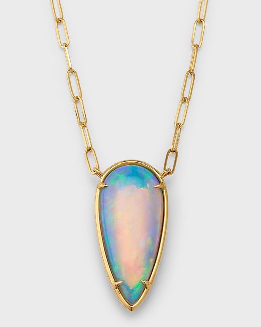 David Kord Blue 18k Yellow Gold Necklace With Pear Shape Opal On Paper Clip Chain, 5.95tcw
