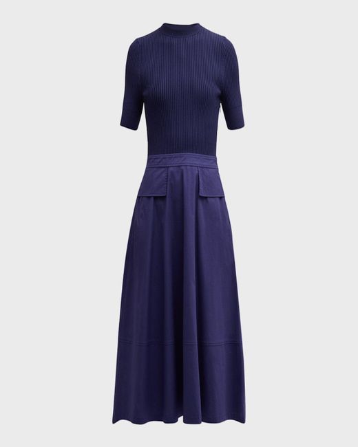 Shoshanna Blue Harriet Ribbed Mock-Neck Midi Dress