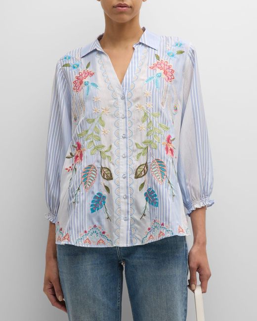 Johnny Was Blue Emika Striped Floral-Embroidered Silk Shirt