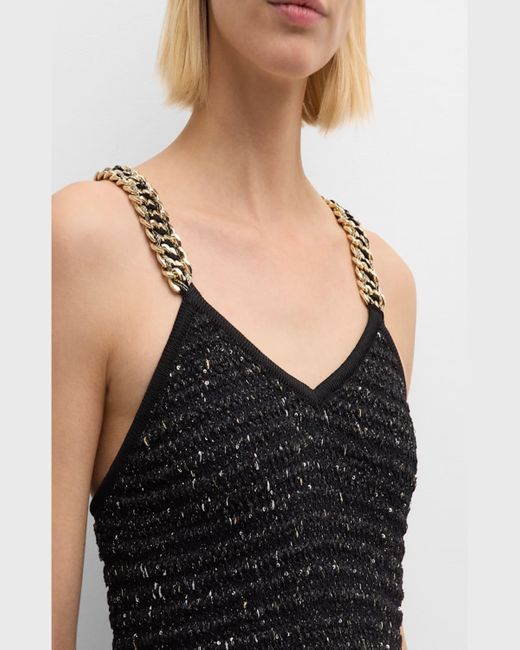 Balmain Black Fringed Hem Tweed Mini Dress With Chain Straps