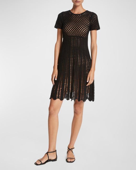 Michael Kors Black Cashmere Crochet-Knit Short-Sleeve Mini Dress