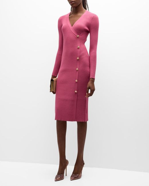 Tahari Pink The Casey Button-Down Ribbed Bodycon Midi Dress