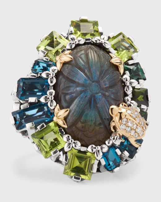Stephen Dweck Green Carved Labradorite And Gemstone Statement Ring With Diamonds