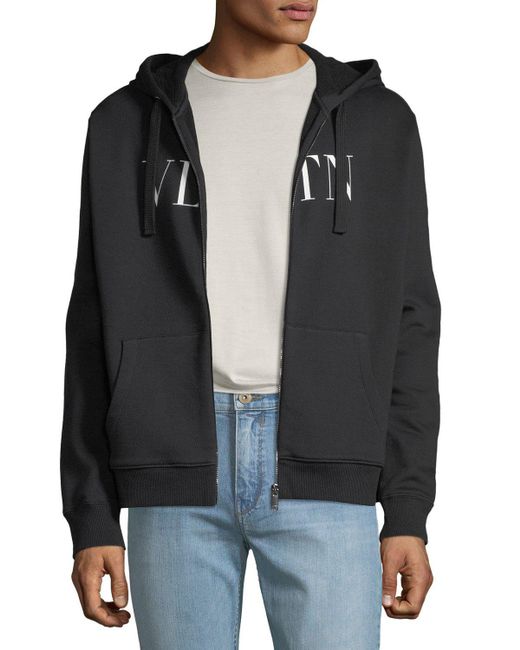 Valentino Cotton Logo Zip Up Hoodie in Black for Men - Lyst