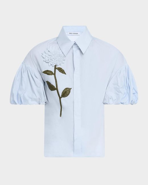 Dice Kayek Blue Flower Embellished Puff-Sleeve Button-Down Shirt