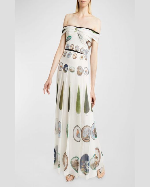 Giambattista Valli White Mosaic-Print Twisted Off-The-Shoulder Pleated Maxi Dress