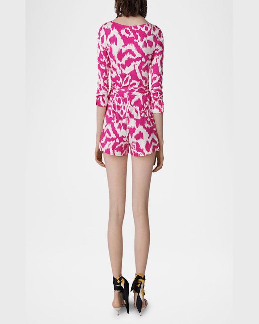 Diane von Furstenberg Pink Celeste Abstract-Print Wrap Romper