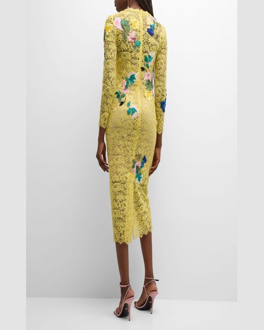 Monique Lhuillier Yellow Floral Embroidered Lace Sheath Midi Dress