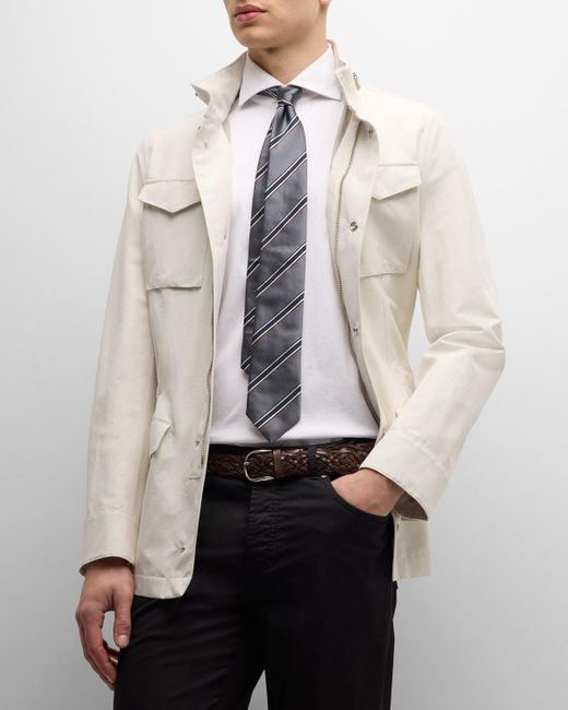 Brunello Cucinelli White Linen-Silk Concealed Zip Safari Jacket for men