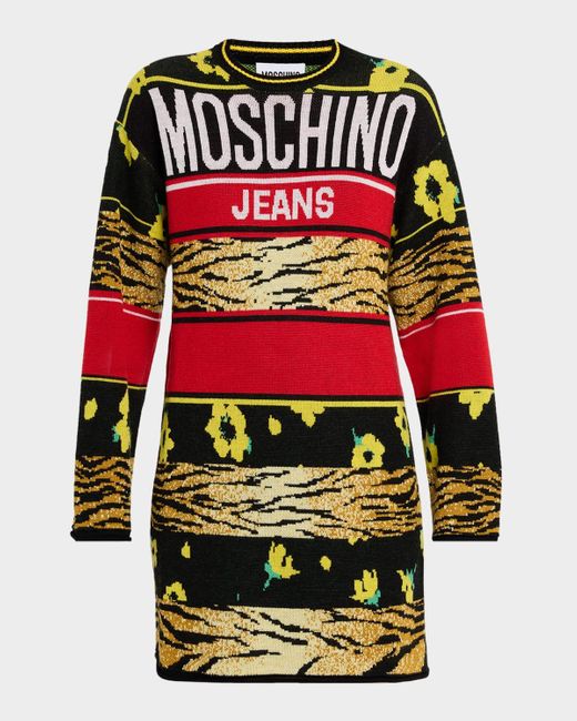 Moschino Women's Red Logo Jacquard Wool Sweater Dress