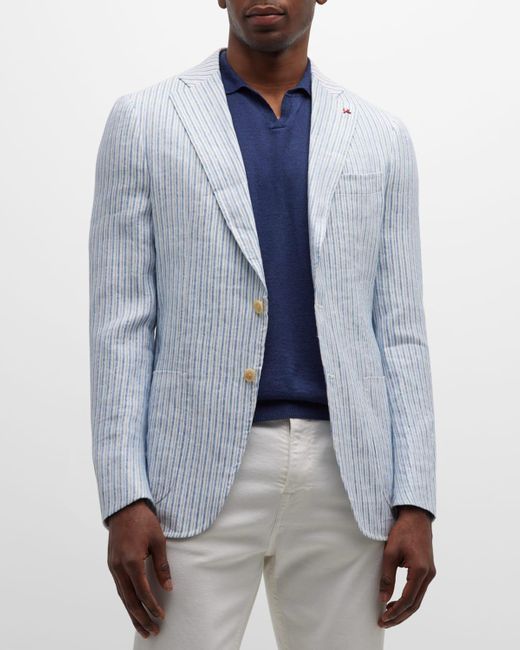 Isaia Blue Striped Linen-Blend Blazer for men