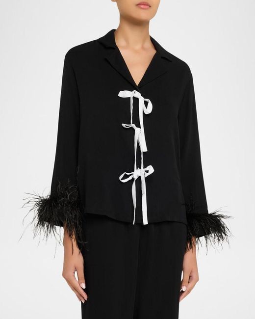 Sleeper Black Cropped Feather-Cuff Viscose Pajama Set