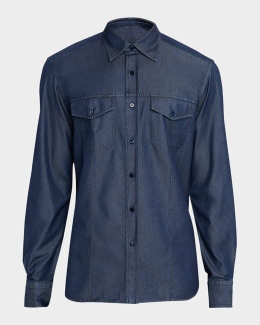 Stefano Ricci Blue Cotton And Silk Denim Button-Down Shirt for men