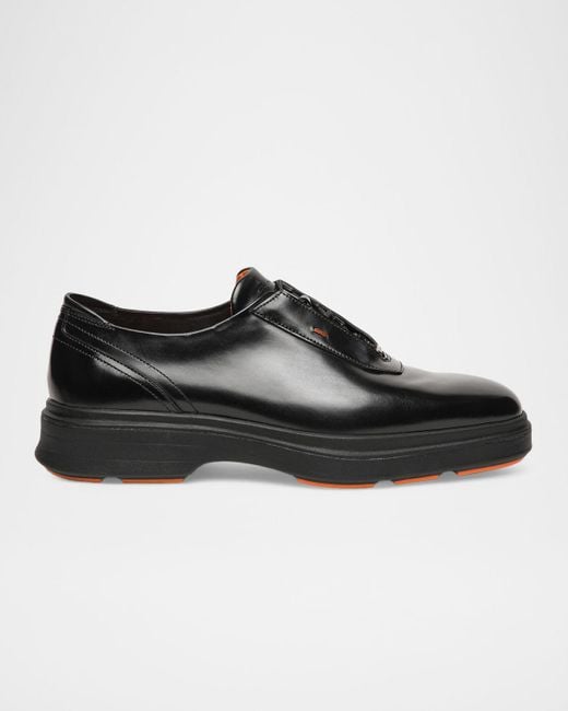 Santoni Black Easy Leather Rubber-Sole Derby Shoes for men