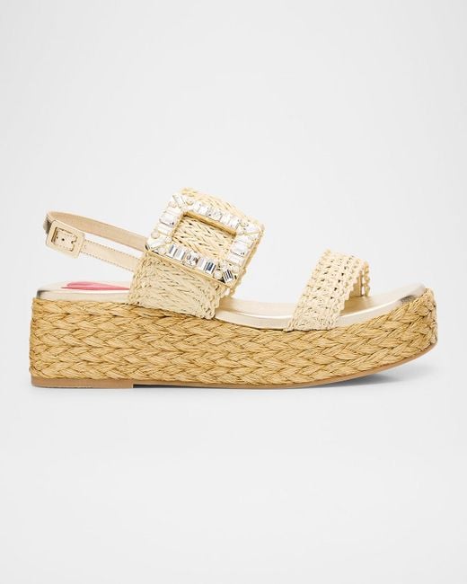Roger Vivier Metallic Raffia Crystal Buckle Platform Sandals