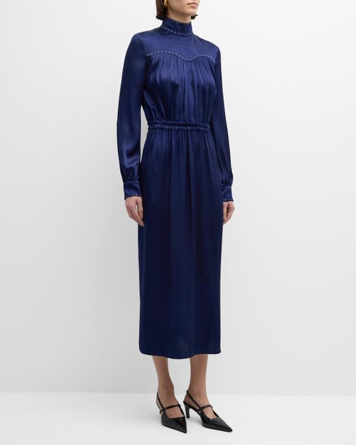 St. John Blue Hot-fix Embellished Gathered Satin Long-sleeve Midi Dress